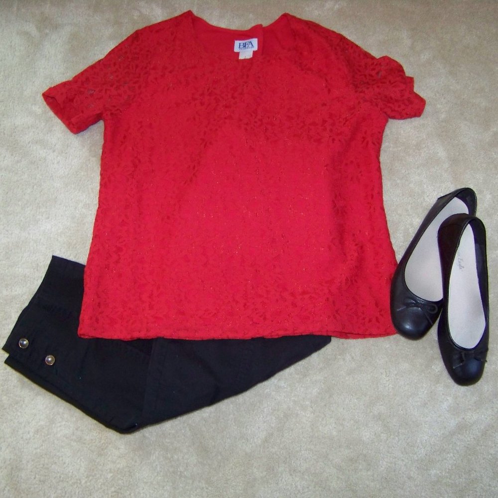 BFA Classics Red Lace Overlay Blouse Size L